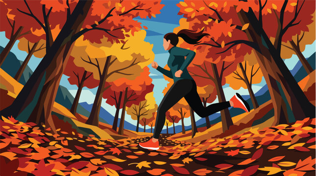 Female runner jogging through autumn woods vector illustration. Fall season outdoor workout training concept. Active woman cardio fitness banner background.