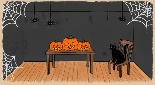 Naive hand-drawn illustration: dark interior with pumpkins, cobweb, spiders for Halloween. For cards, blogs, decor.
