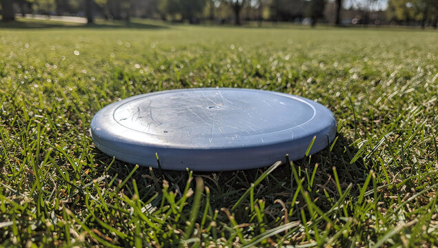 A light blue flying disc rests on green grass in a park
