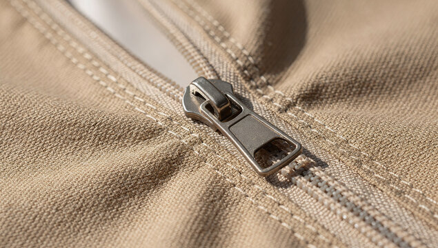 A metal zipper slider is attached to a zippered opening on beige fabric clothing