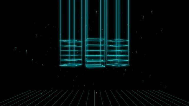 Futuristic digital data server visualization with glowing cyan wireframe towers and abstract light beams in a dark cyber space