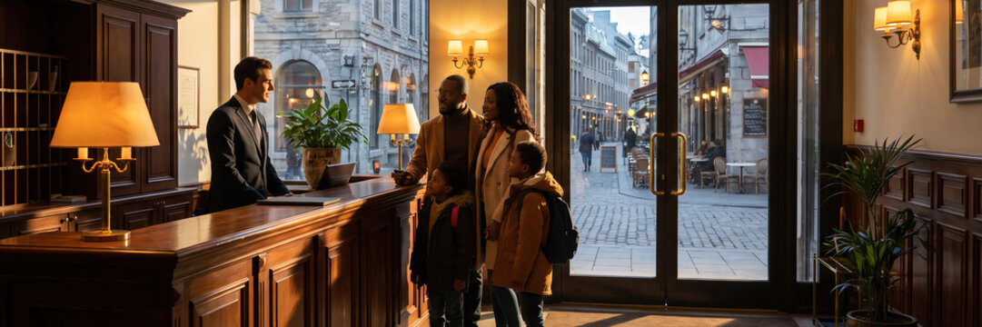 Mother and father with two sons talking with hotel clerk at evening reception with attentive expressions. Urban tourism, hotel checkin, front desk concept.