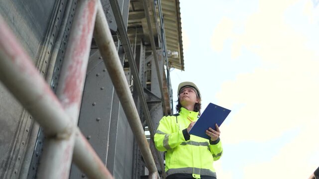 Engineer stands beside water gate structure holding clipboard while looking up to check structural equipment and document facility condition.