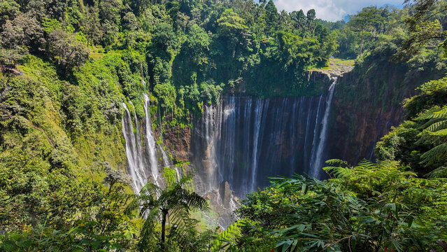 An aerial view of Tumpak Sewu Waterfall in Java, Indonesia.
