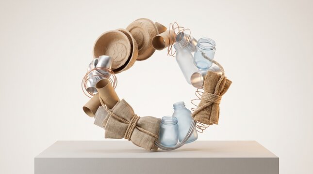 Conceptual wreath made of recyclable materials including glass bottles, cardboard, paper cups, and burlap tied with twine on a pedestal, representing recycling and zero waste
