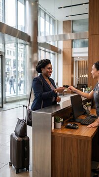 Confident businesswoman receiving room card at hotel desk with warm smile. Business trips, professional mobility, customer care concept.