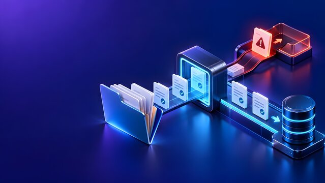 Digital data processing workflow with documents moving from folder to database and an alert icon indicating an error or warning
