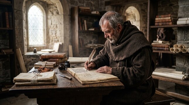 Medieval monk scribe writing historical manuscript with feather quill on parchment at wooden desk in ancient monastery scriptorium