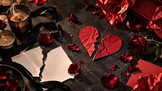 Broken Red Heart with Torn Love Letter and Wilted Rose After Breakup