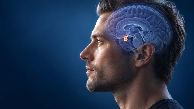Adult Man with Pituitary Gland and Brain Anatomy Overlay in Side Profile