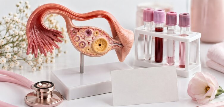 Ovary and Fallopian Tube Anatomy Model with Blood Test Tubes in Gynecology Clinic