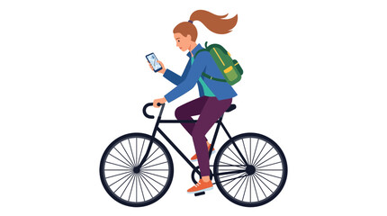 Fototapeta premium Female Cyclist with Backpack Navigating with Smartphone on Bicycle Flat Vector Illustration