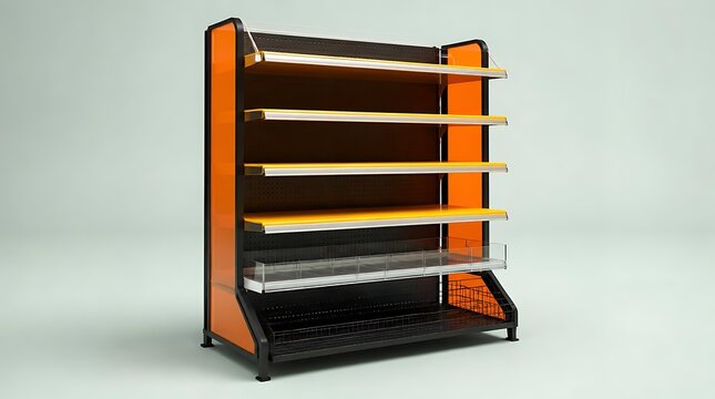 Empty Modern Retail Gondola Shelving Unit with Orange Side Panels and Yellow Shelves for Supermarket Display, Grocery Store Fixture, Commercial Merchandise Rack Isolated on Neutral Background