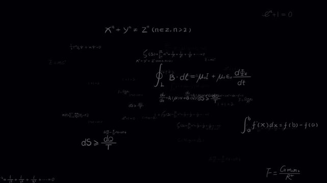 Mathematical formulas floating across black background in digital motion footage