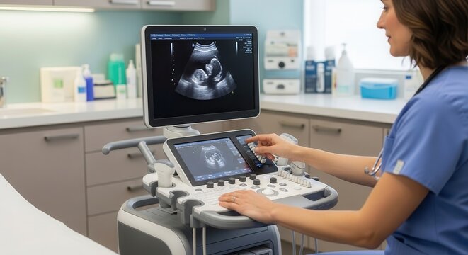 Medical professional in blue scrubs operating an ultrasound machine. Healthcare environment with advanced diagnostic equipment.