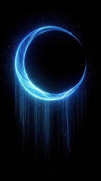 Crescent moon with glowing blue energy trails falling in darkness