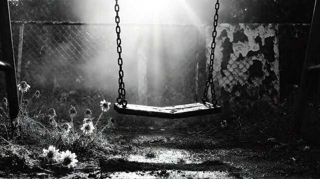 Black and white shot of an abandoned swing set with chains, wildflowers, fence, and a burst of sunlight