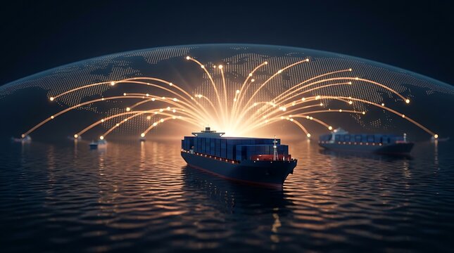 Global shipping logistics connected by illuminated network over ocean waters at night, representing international trade and delivery.