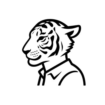 A minimalist black and white vector logo features the profile illustration of an anthropomorphic tiger head wearing a collared shirt against a solid white background.