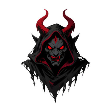 A sinister vector logo features a dark-hooded demon or cultist with large curved red horns and glowing red eyes against a solid white background.