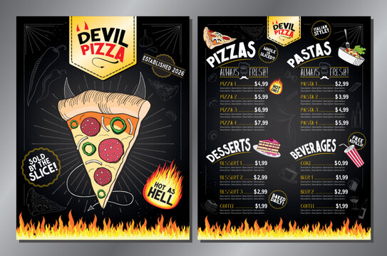 Classic Retro Spicy Devil Pizza Restaurant Menu Card Template - 8,5x11 in US Letter Single Page - vector illustration