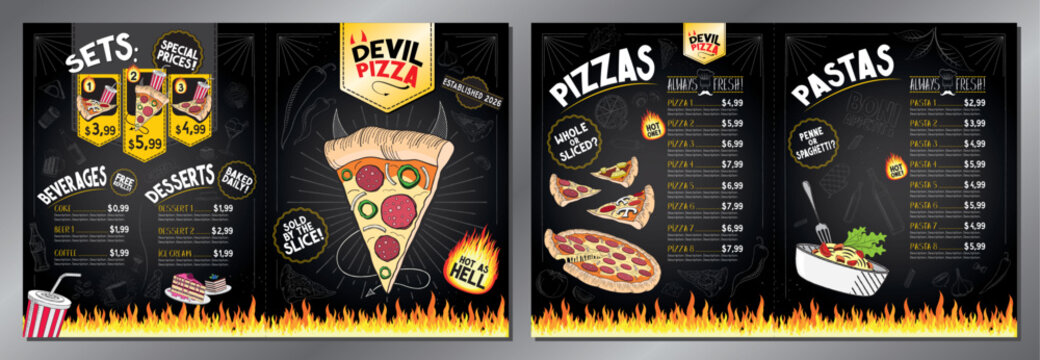 Classic Retro Spicy Devil Pizza Restaurant Menu Card Template - Ledger 11x17 in Folded to US Letter 8.5x11 in - vector illustration