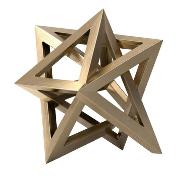 Metallic gold abstract geometric sculpture, a complex star polyhedron made of interconnected triangles on a transparent background.