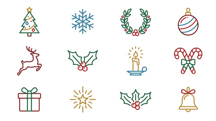 Fototapeta premium Colorful collection of Christmas holiday icons are arranged in a grid pattern on a clean white background, featuring festive symbols like a decorated tree, snowflake, wreath, ornament, reindeer.