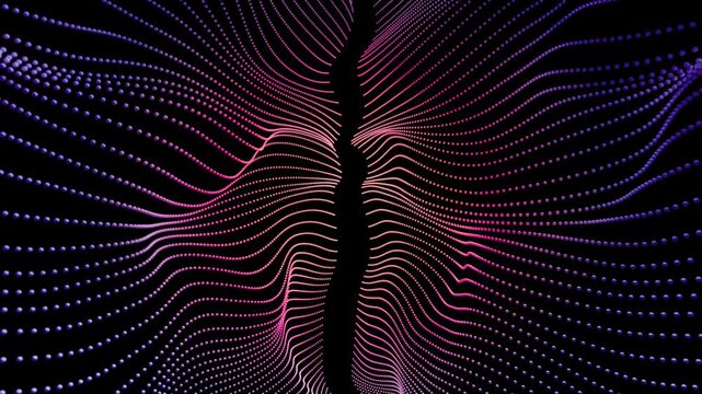 Pink and purple particle waves pulsating outward from a center gap