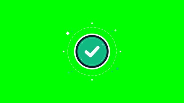 Animated green checkmark icon with dashed circle and sparkles on green screen