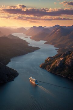 A rugged landscape with a cruise ship sailing in a fjord at sunset.