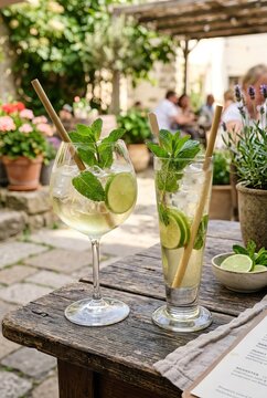 Refreshing citrus herbal cocktails in stemmed glassware on rustic wood table