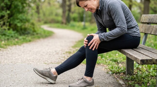Hurt athletic woman: knee pain, joint damage, leg strain, acute trauma, muscle ache, park bench, physical distress, outdoor sport, workout harm, health issue, body discomfort, runner problem.