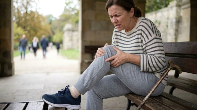 Joint injury struggle: knee pain, mature woman, hold leg, sit bench, suffer ache, wooden cane, outdoor park, feel discomfort, show grimace, touch kneecap, experience trauma, need help.