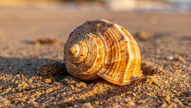 A spiral seashell rests on a sandy beach under warm sunlight