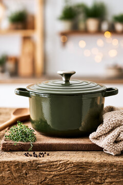 A rustic kitchen scene featuring a dark green, round Dutch oven pot with a matching lid and silver handle, on a wooden cutting board.