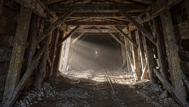 Sunlight streams through an abandoned wooden mine tunnel reinforced with heavy timber beams