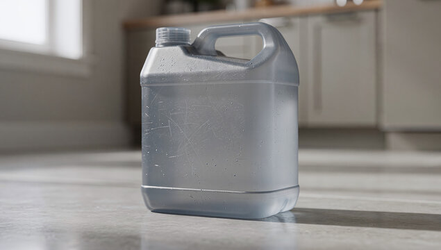 A semi-transparent plastic jerrycan container stands on a grey floor indoors