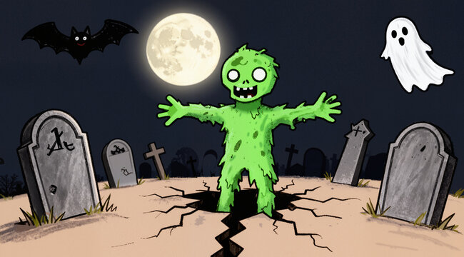 Naive hand-drawn illustration: zombie rising from a grave, full moon, cemetery. For cards, banners, Halloween.
