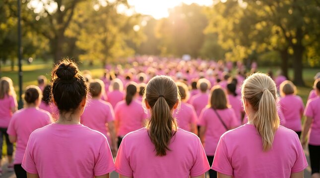 Three women in pink tshirts stand from back viewing large crowd of participants walking in annual breast cancer awareness run held in sunny public park.