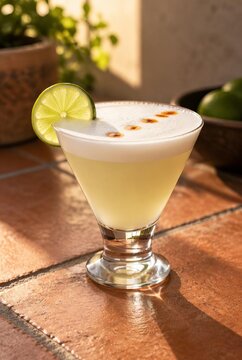 Refreshing pisco sour cocktail with lime garnish on a terracotta patio table