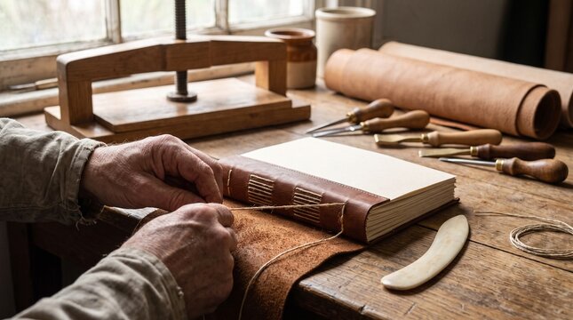 Craftsman hands stitching antique leather bound book spine with linen thread on wooden workbench