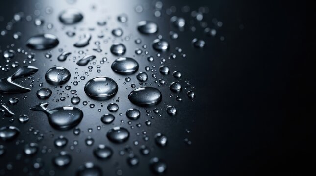 Water droplets on dark surface with selective focus during studio lighting creating abstract texture