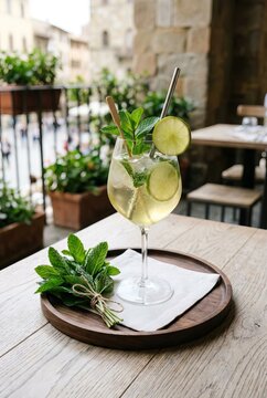Refreshing summer cocktail with lime and fresh mint served on wooden table