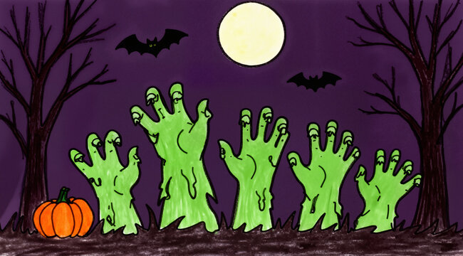 Naive hand-drawn illustration: zombie hands rising from the ground, moon, night. For cards, posters, Halloween decor.
