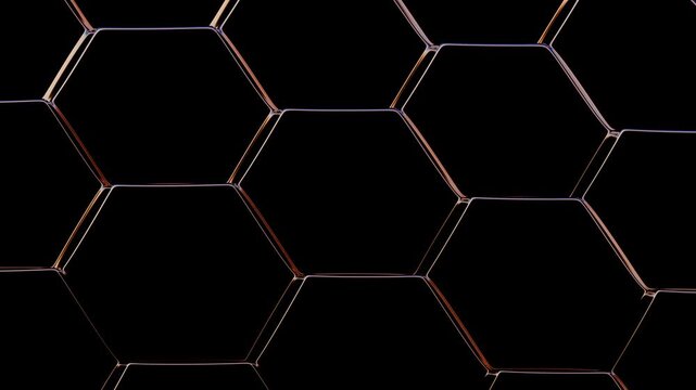 Shifting dark blue hexagonal geometric pattern with gold edges