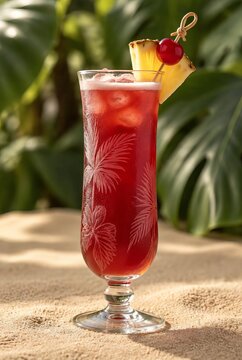 Tropical Red Cocktail in Hurricane Glass with Pineapple and Cherry Garnish