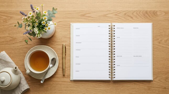 Overhead view of an open planner with a cup of tea and flowers on a wooden desk flat lay desk top