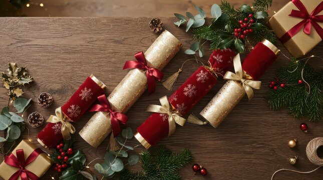 Overhead view of Christmas crackers and gifts arranged on a wooden table with festive greenery presents