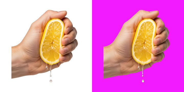 A person hand squeezing fresh yellow lemon half to get citrus juice drops transparent background, png